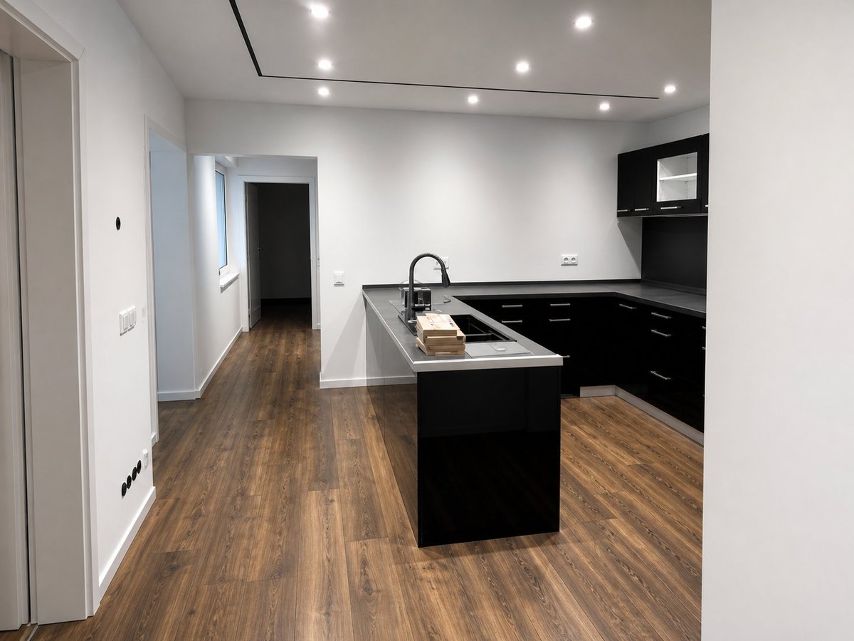 Modern kitchen with black cabinets, white walls, wood-look flooring, and a central island with sink