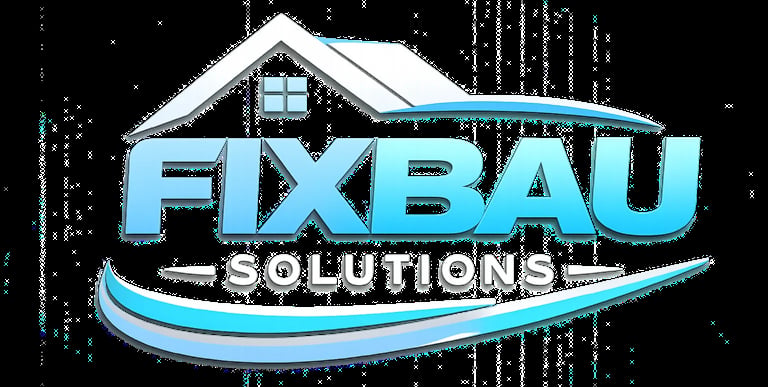 FIXBAU Solutions Logo featuring a house roof design with blue text and a swoosh element